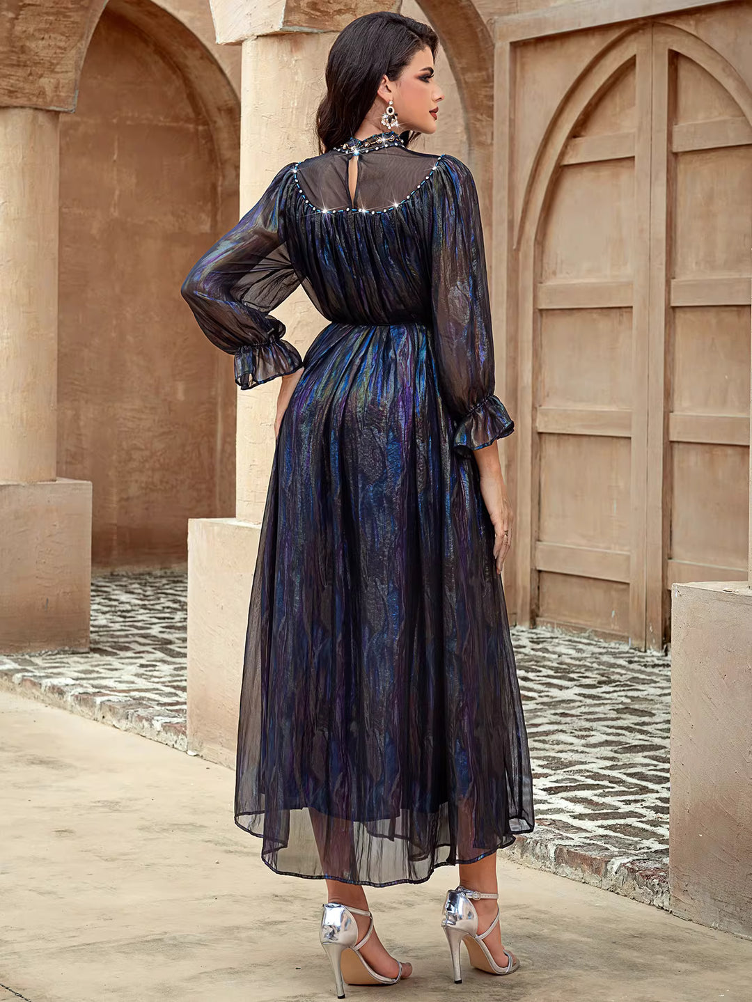 Shimmered Midi Dress with Beaded High Neck – NOCTURNA