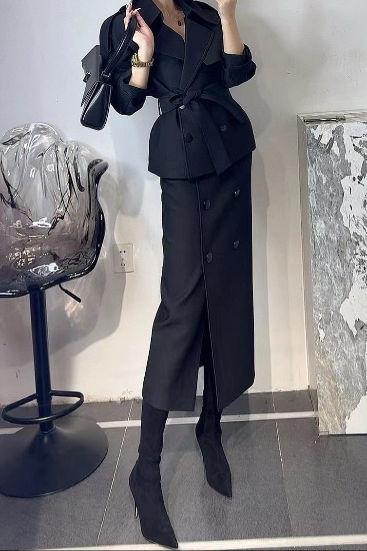 structured trench blazer with midi skirt – SIENNA