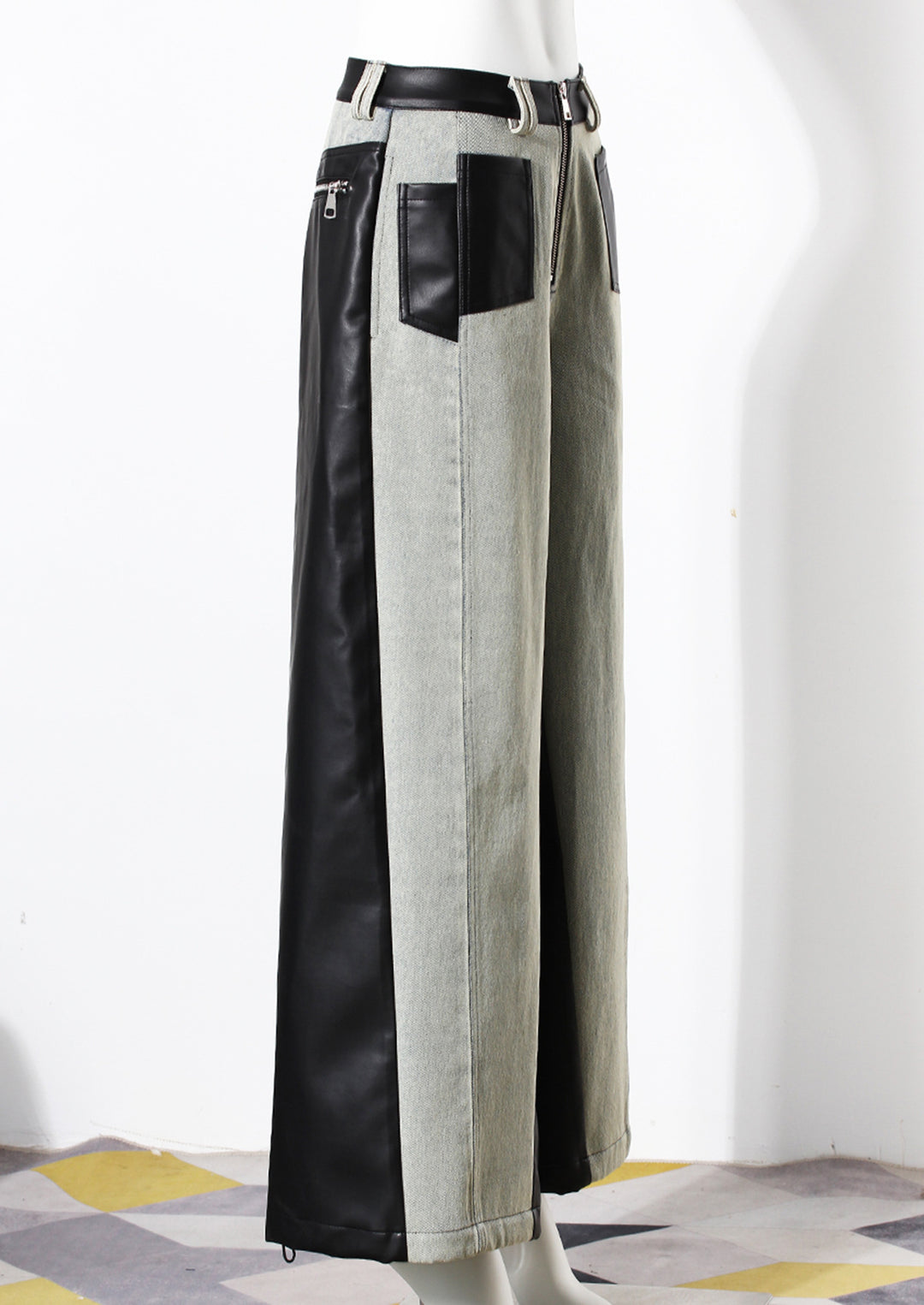 two-tone wide-leg denim pants with faux leather panels – NOIR
