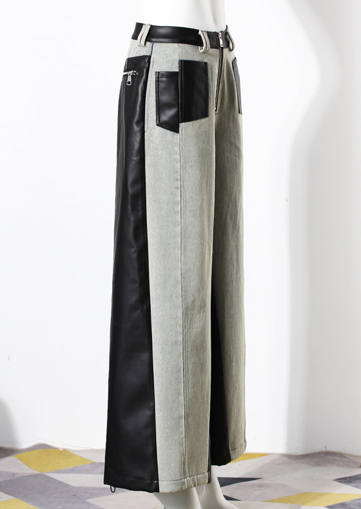 two-tone wide-leg denim pants with faux leather panels – NOIR