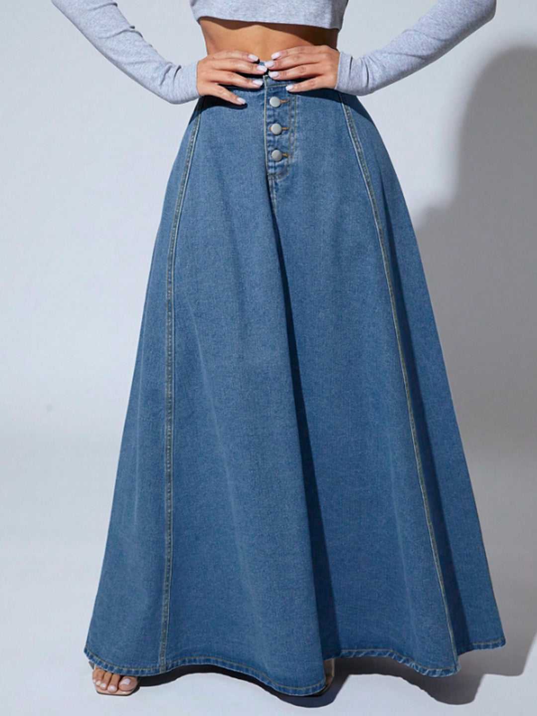 high-waist flared denim maxi skirt with front buttons – MAYA