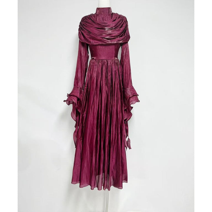 Plissiertes Oberteil mit ausgestellten Ärmeln und Maxirock-Set mit Taillengürtel – Rosiny 