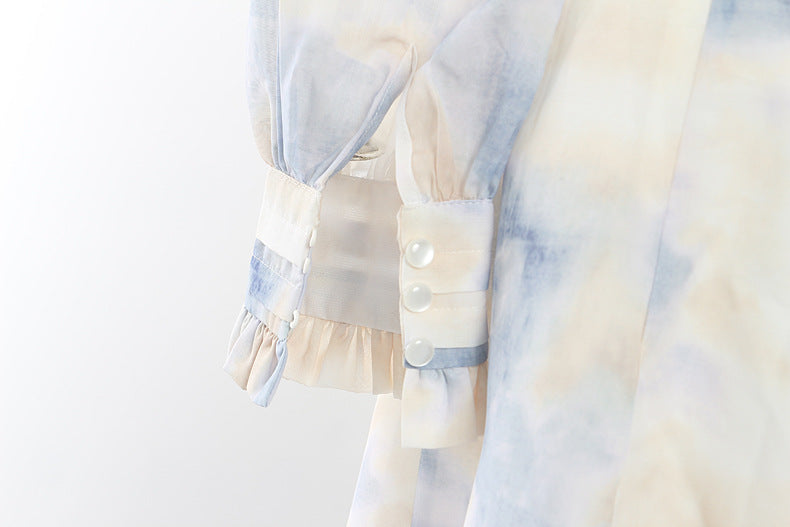 Corset-style midi dress with ruffled neckline and puff sleeves – LUMERA