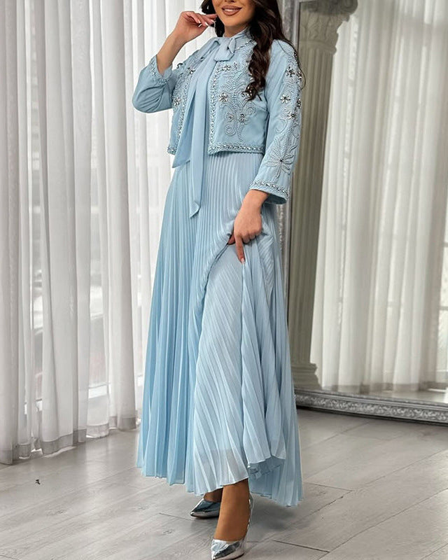 Haut à manches évasées plissées et ensemble jupe longue avec ceinture à la taille – Rosiny 