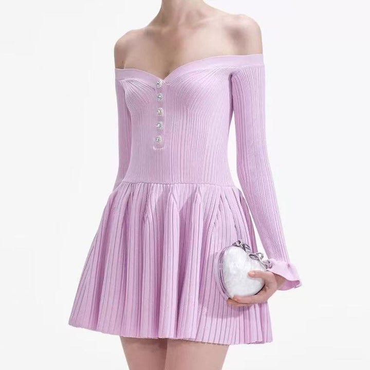 off-shoulder pleated mini dress with button detail – ELARANZI