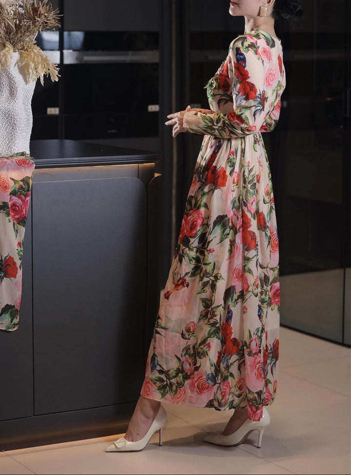 long-sleeve floral chiffon gown with pleated skirt – AMORA