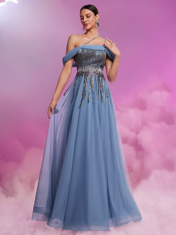 فستان تول مكشوف الكتفين مع صدّة من الترتر – سكاي ميوز