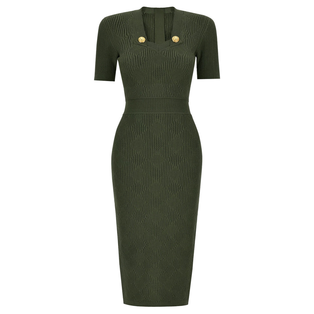 فستان متوسط ​​الطول محبوك بأكمام قصيرة وأزرار ذهبية – أورارلي