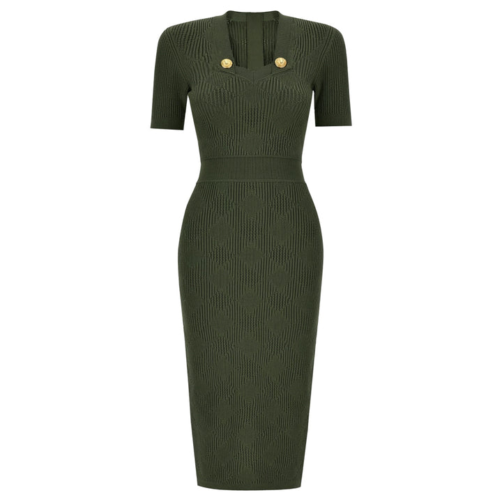 فستان متوسط ​​الطول محبوك بأكمام قصيرة وأزرار ذهبية – أورارلي