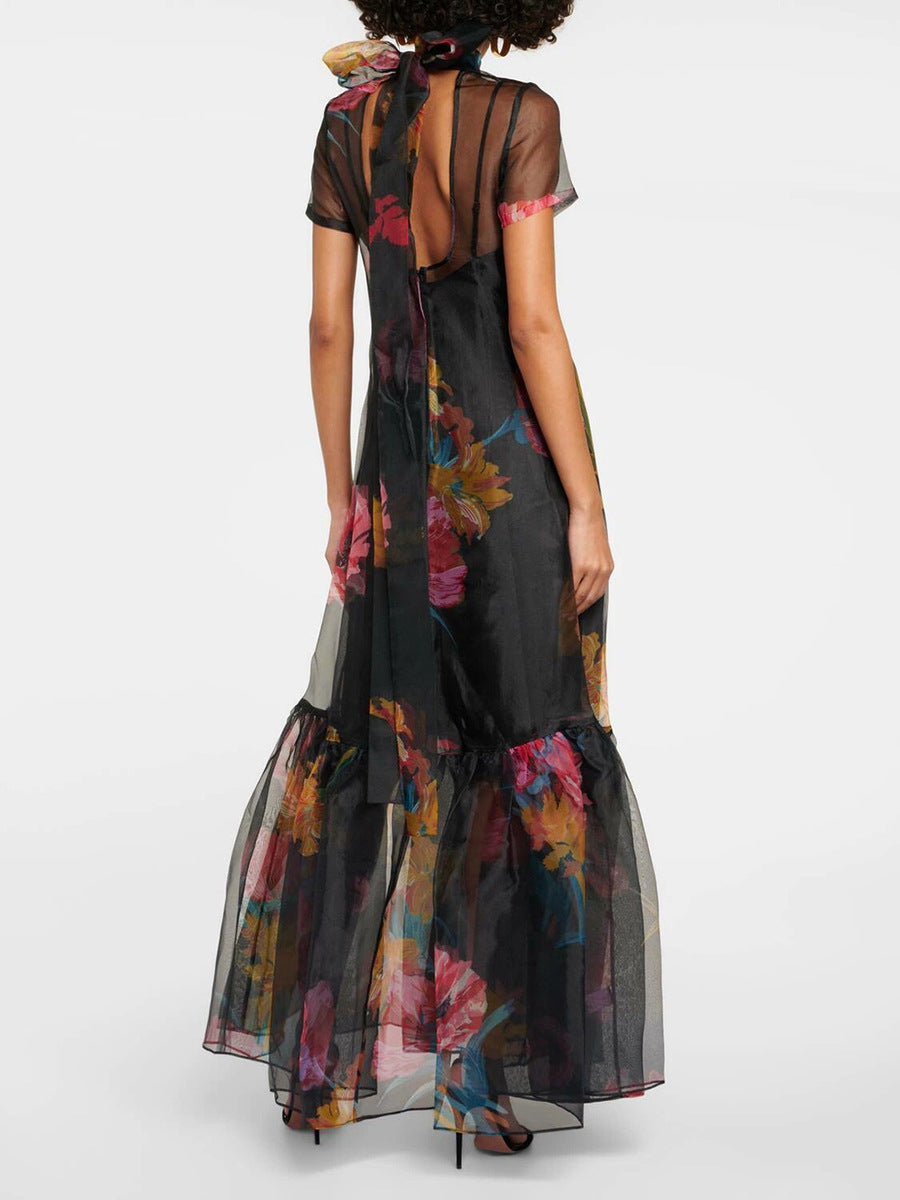 sheer floral maxi dress with ruffled hem – VIVIENIL
