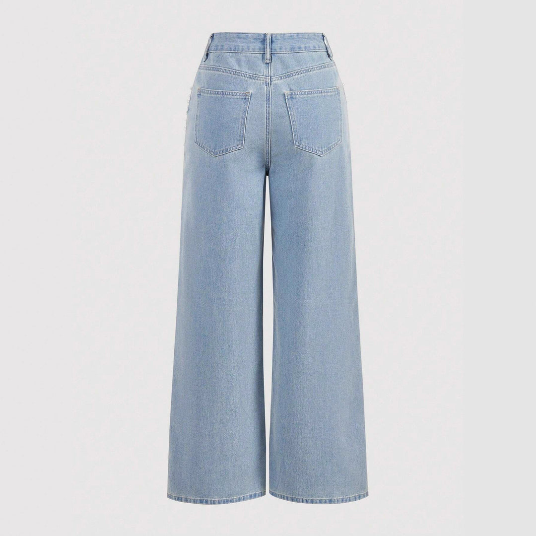 wide-leg black denim pants with pearl embellishment – AURA