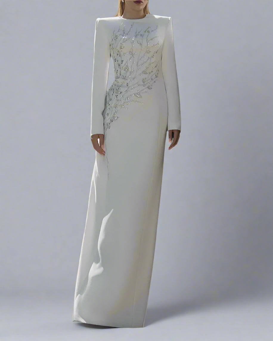 long-sleeve column gown with sequin branch embroidery – AUROZLI