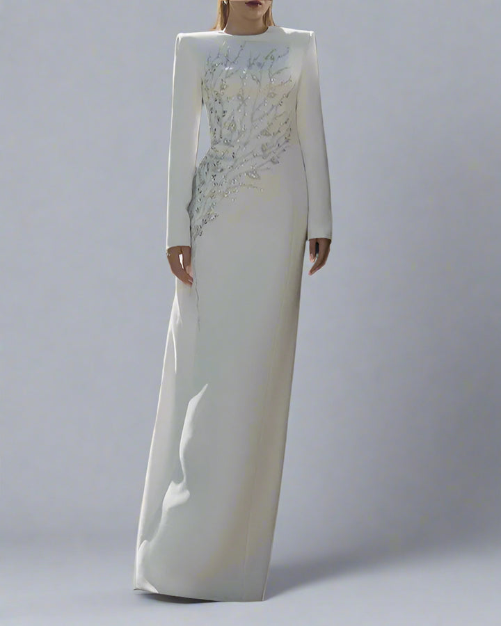 long-sleeve column gown with sequin branch embroidery – AUROZLI