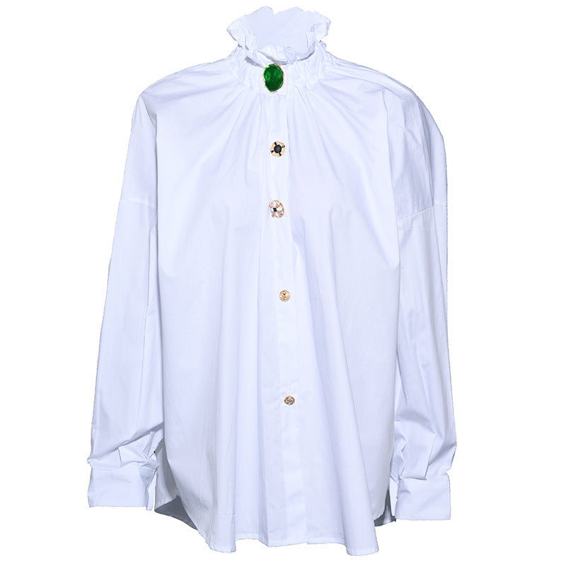 High-Neck Ruffled Blouse with Jewel Button – EMERALD