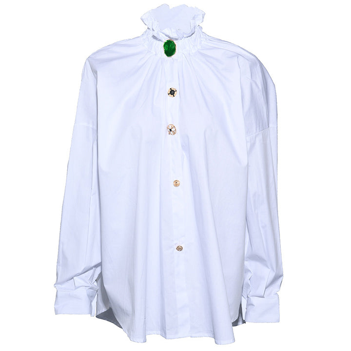 High-Neck Ruffled Blouse with Jewel Button – EMERALD