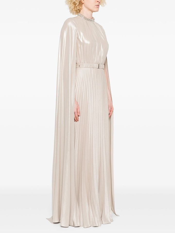 Pleated Cape Maxi Dress with Embellished Neckline – HAGRAS