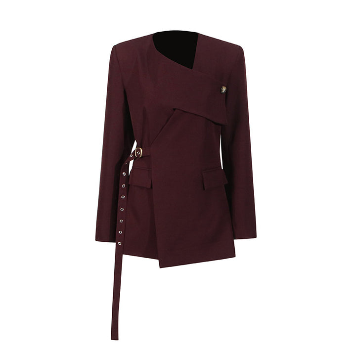 asymmetric wrap blazer dress with structured tailoring – MAROON