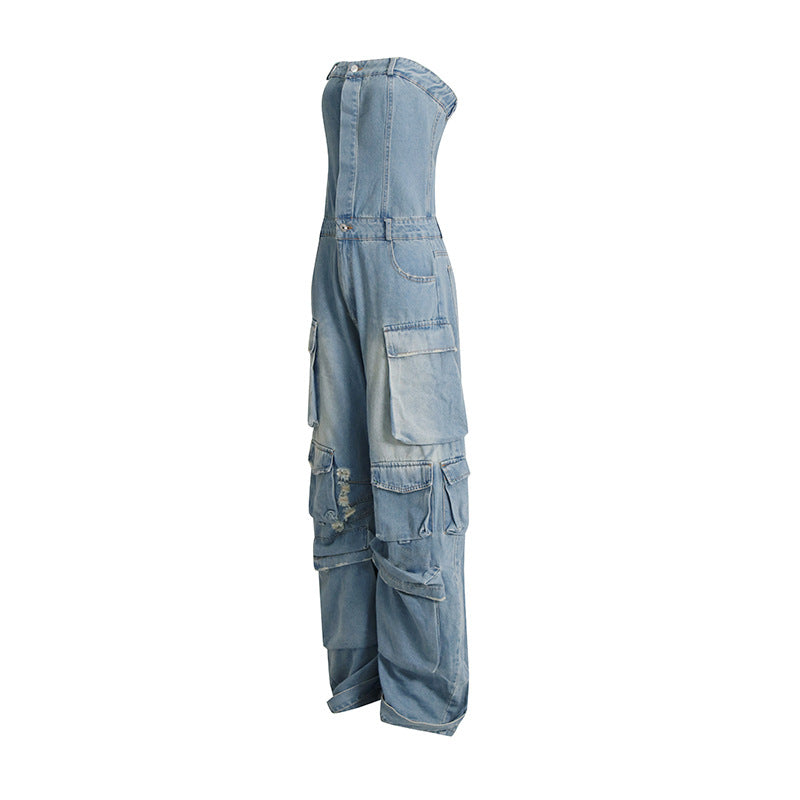 strapless denim cargo jumpsuit with wide-leg design – NOLIVIRA
