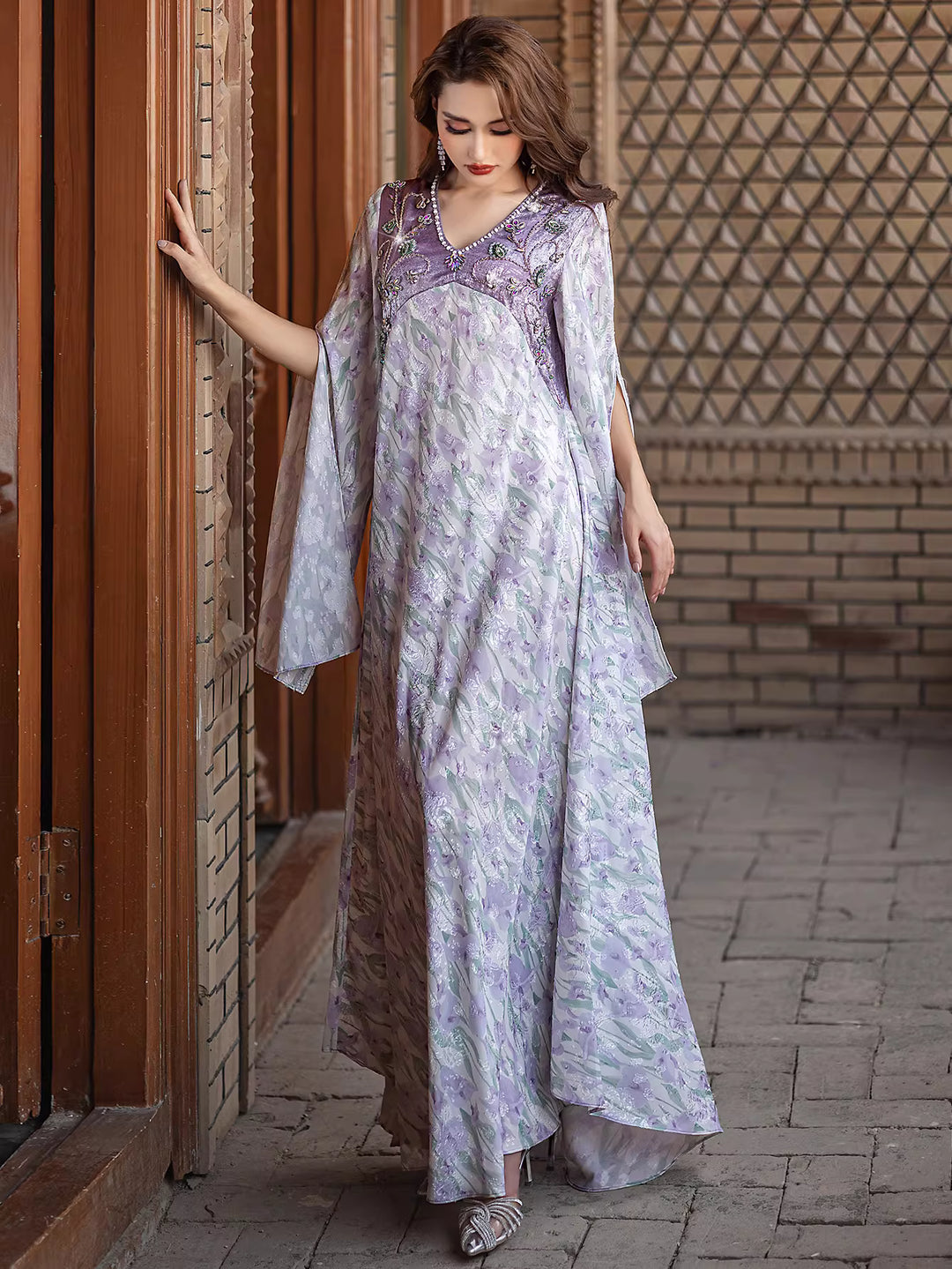 Embroidered Flowing Maxi Dress with Wide Sleeves – LILAC
