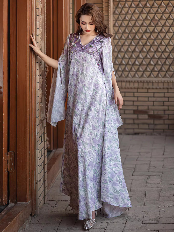 Embroidered Flowing Maxi Dress with Wide Sleeves – LILAC