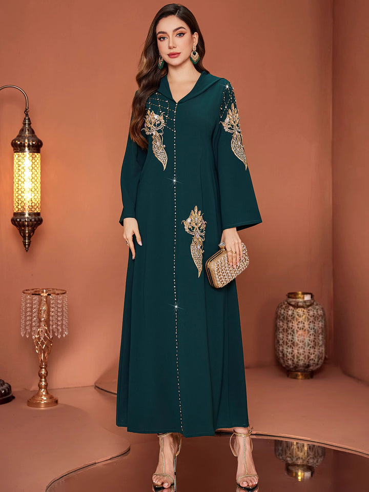flared sleeve kaftan dress with embellished appliqués - AMIRZANU