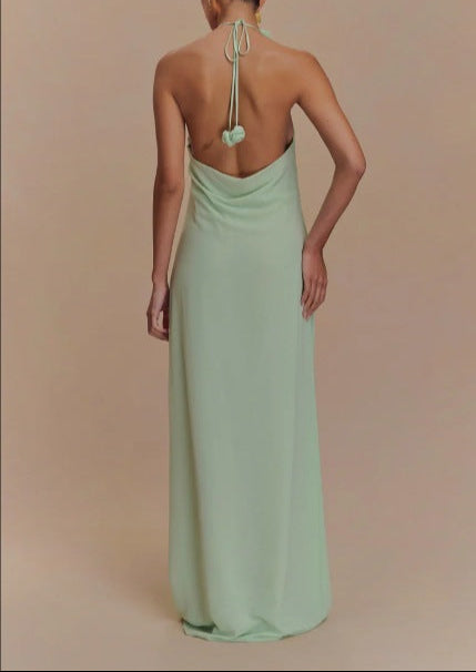 halter neck draped gown with floral detail – AMARAWTI