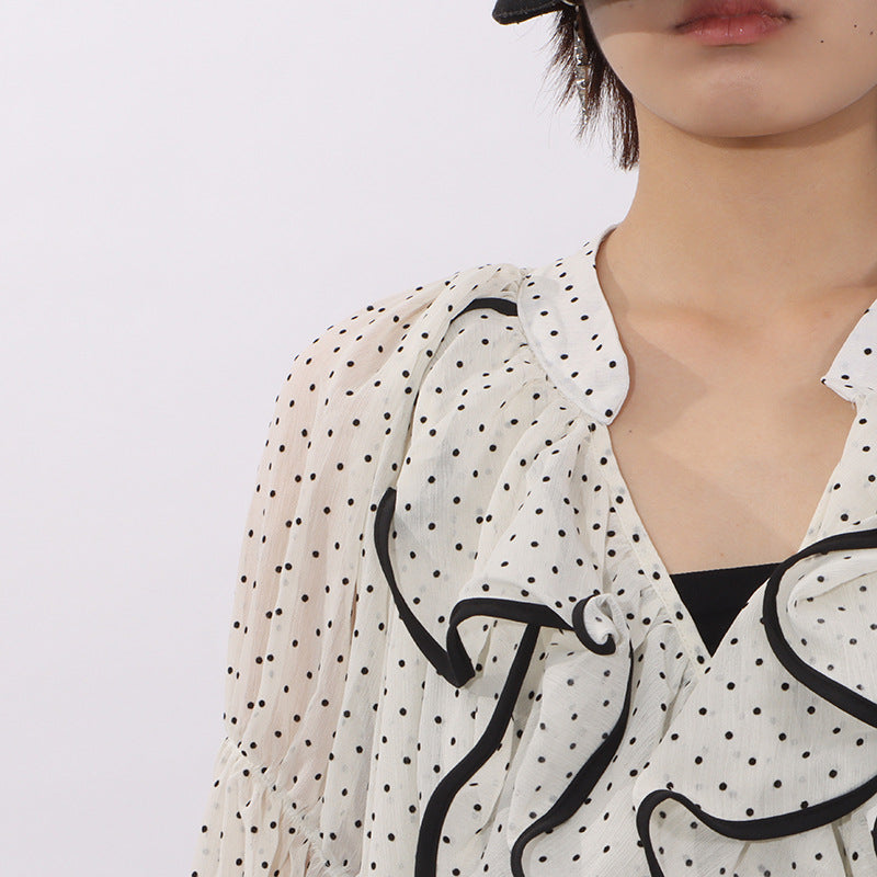 ruffled sheer polka dot blouse with contrast trim – ELARA