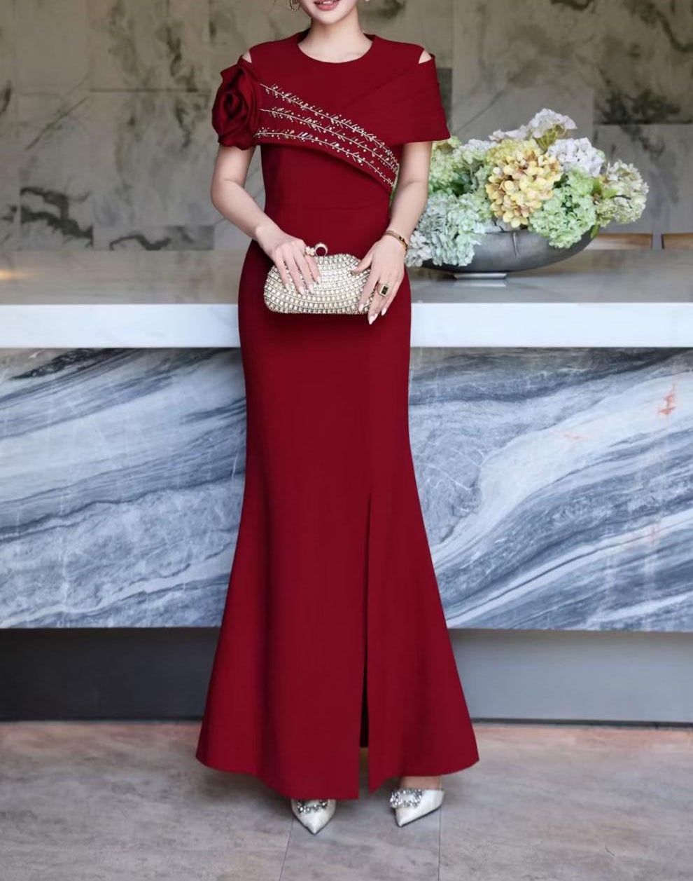 asymmetric embellished shoulder gown – AMARA