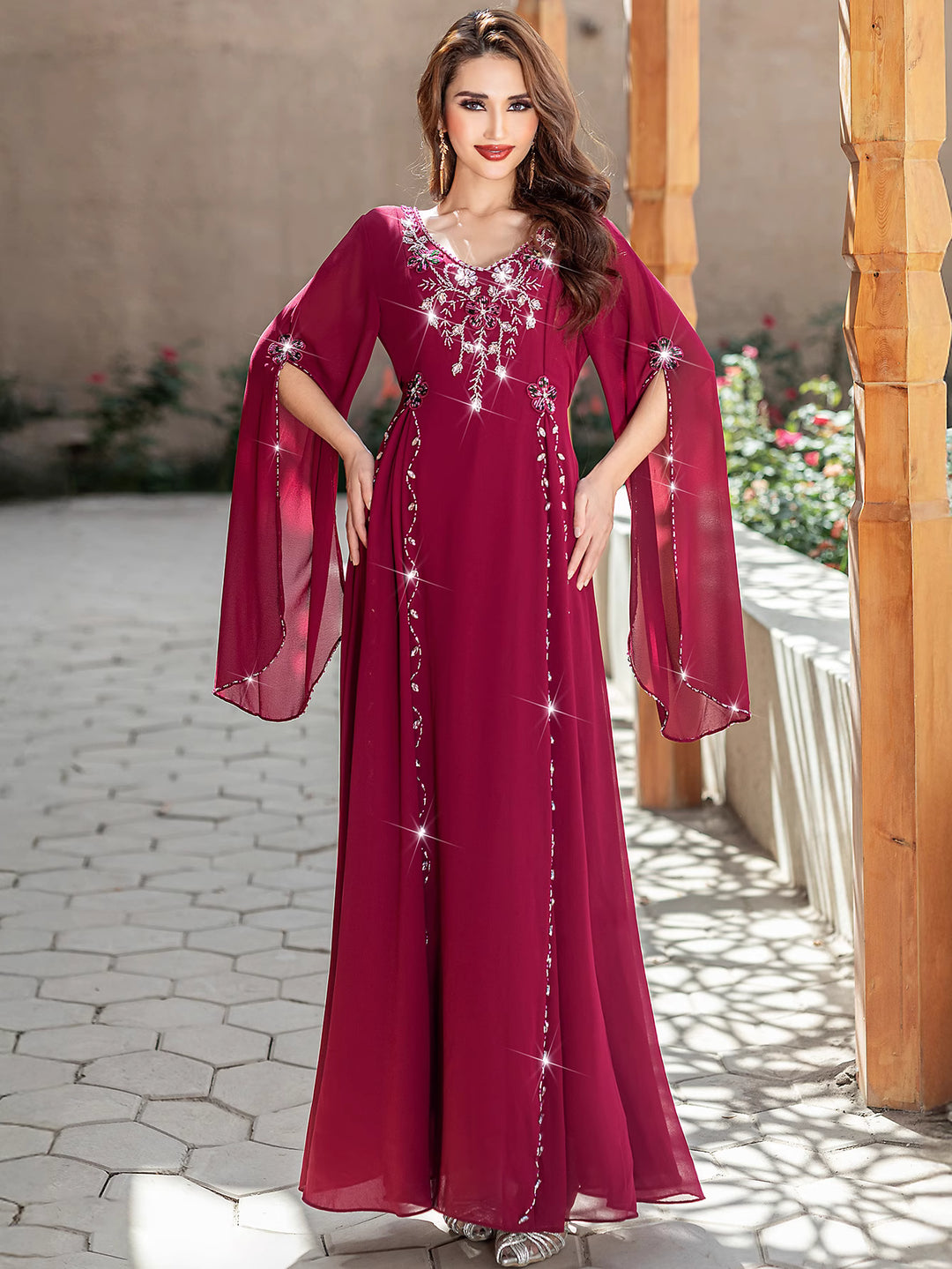 embellished chiffon gown with flared sleeves - SOFIANZA