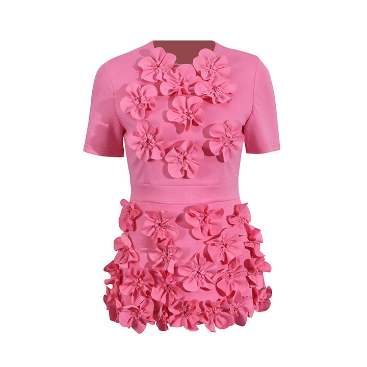 short-sleeve peplum suit with 3D floral appliqués – BLOOMIV