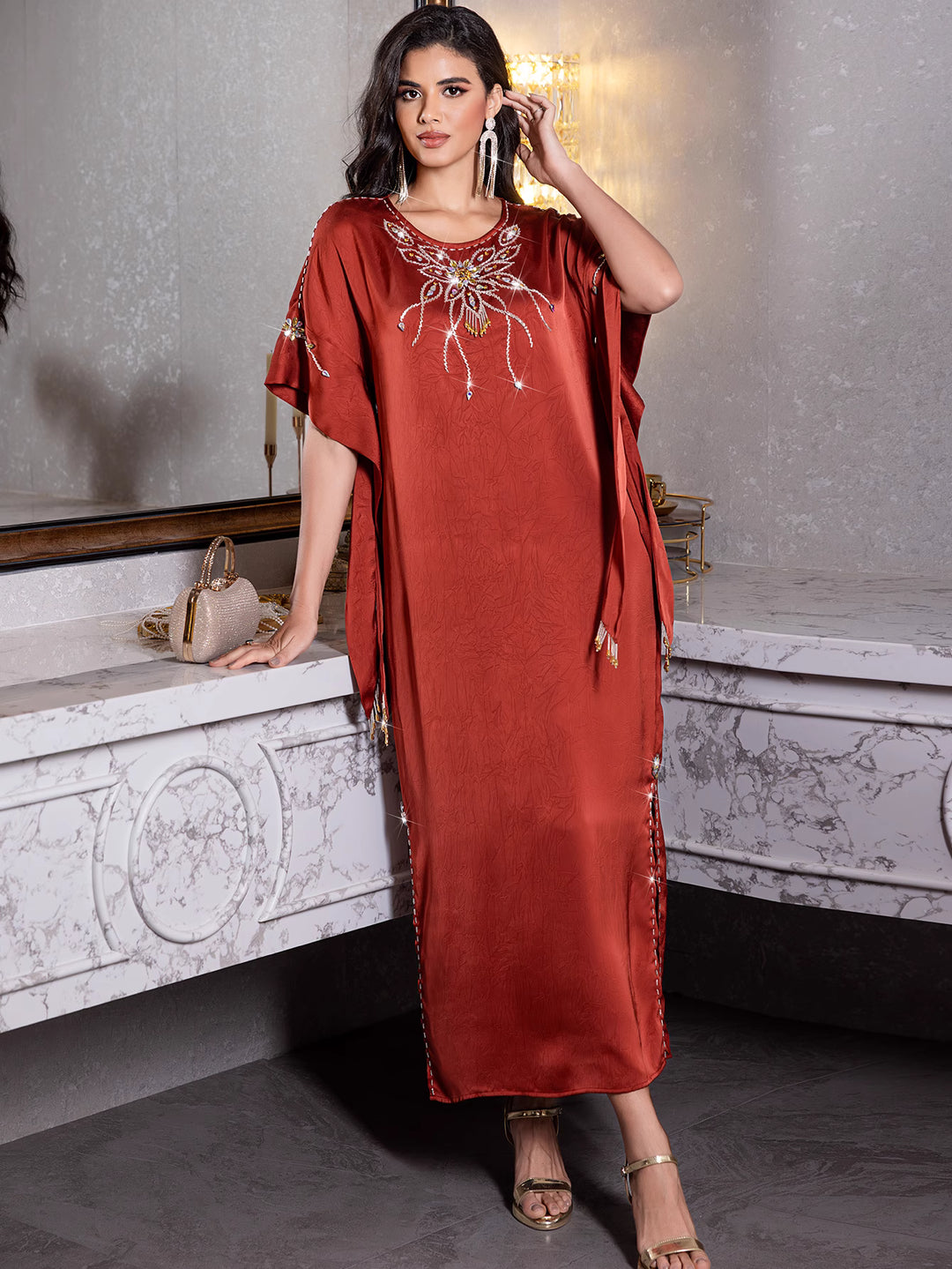 short-sleeve satin dress with embellished neckline - ZARAZLU