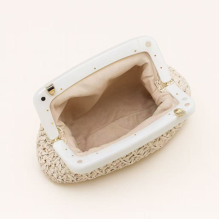 geweven rieten draagtas met dubbele leren handvatten – LÉONIE 