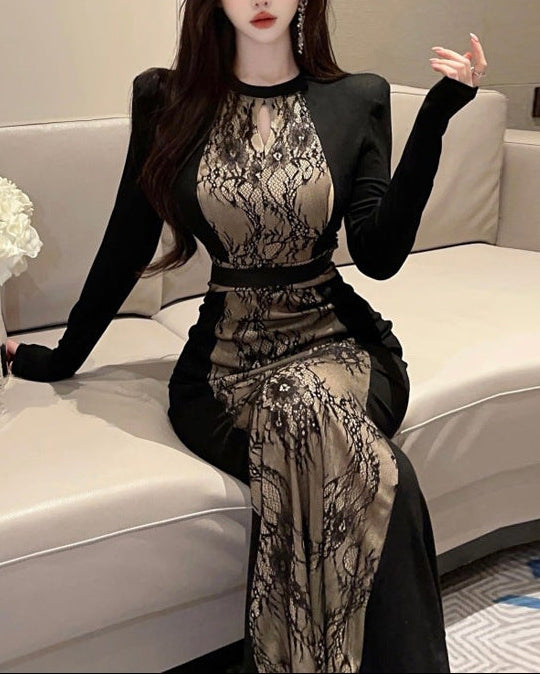 فستان متوسط ​​الطول بأكمام طويلة ولوحة دانتيل وحواف متباينة – سيرينا