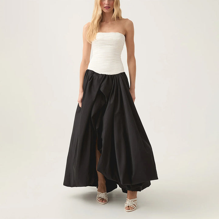 strapless ruched bust gown with draped high-low skirt – AMELIA