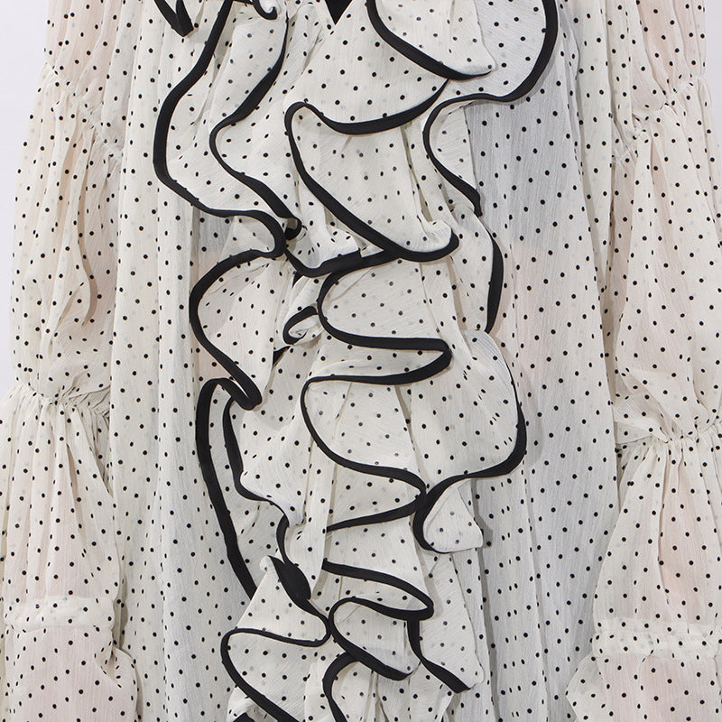 ruffled sheer polka dot blouse with contrast trim – ELARA