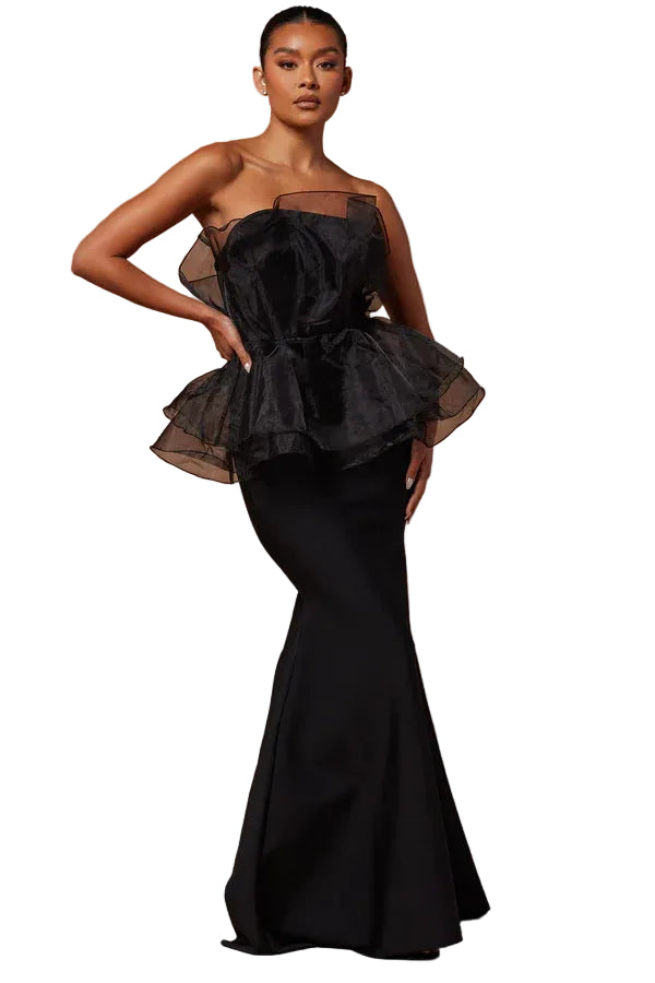 فستان حورية البحر بدون حمالات بتصميم بيبلوم مع طبقة من الأورجانزا - بيل