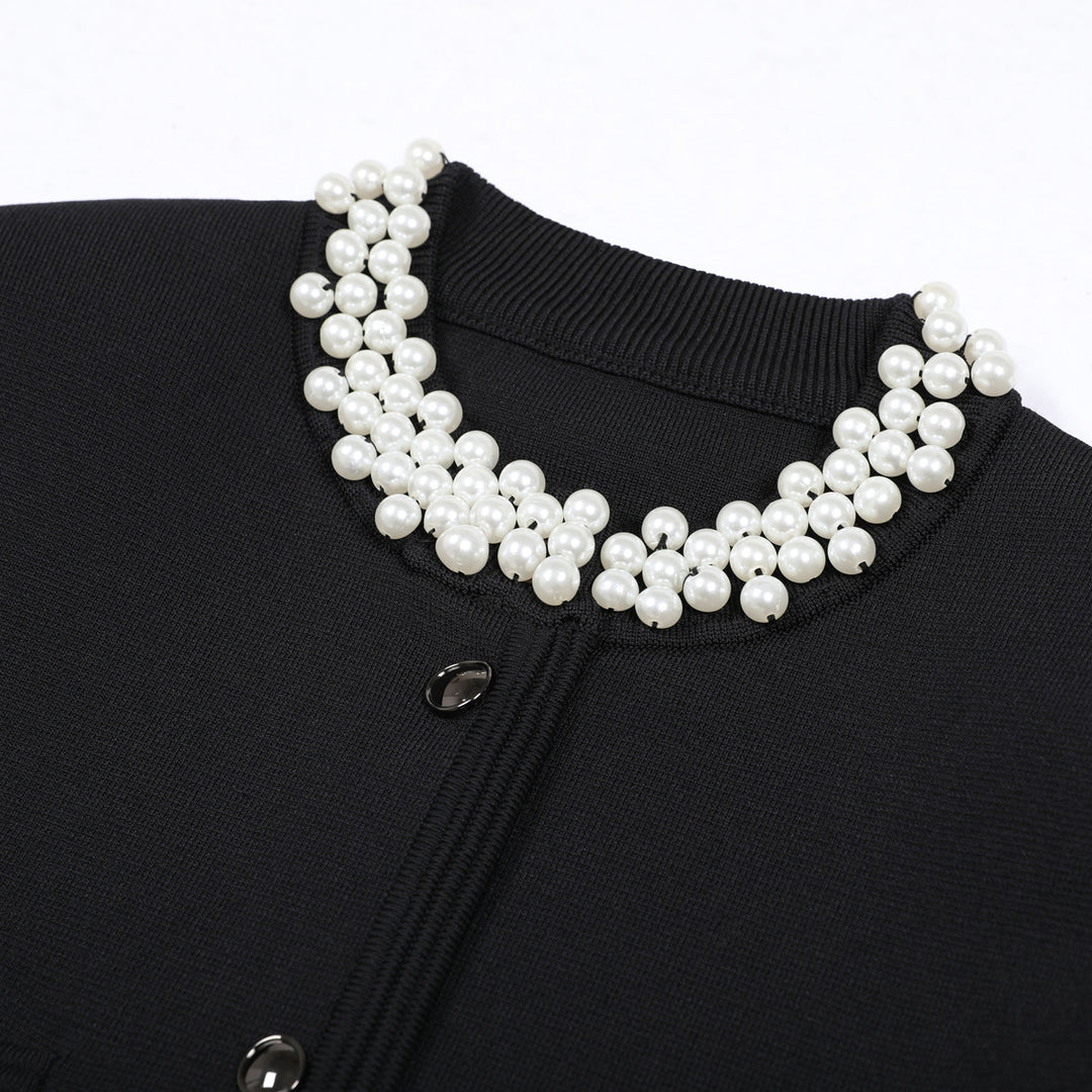 cropped cardigan jacket with pearl-embellished collar - ELLAZ