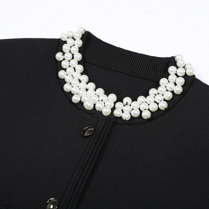 cropped cardigan jacket with pearl-embellished collar - ELLAZ