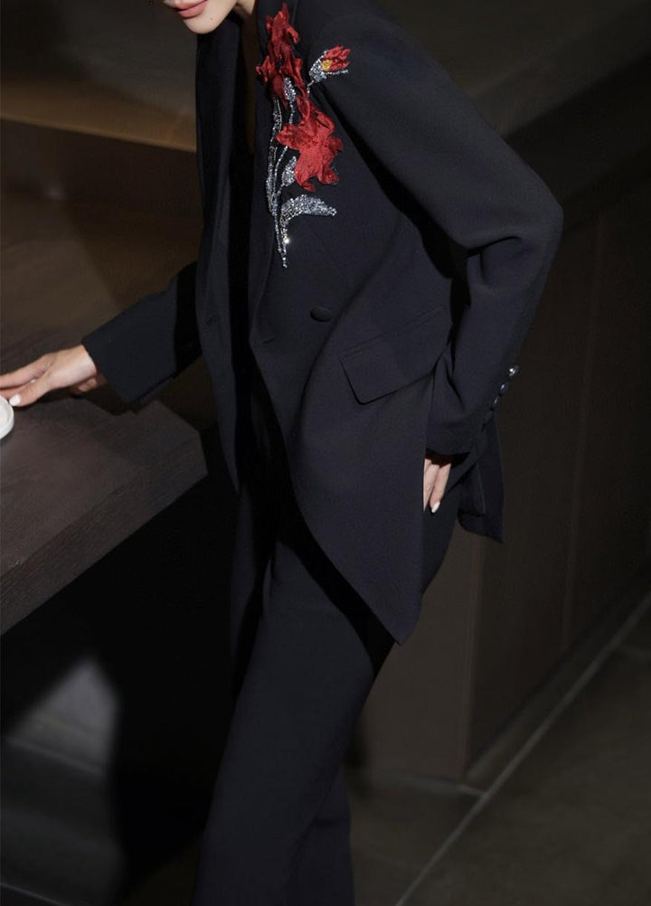 black tailored blazer with floral bead appliqué – AURA