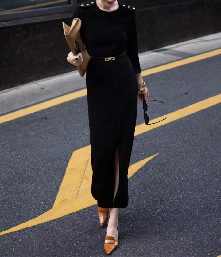 elegant shoulder-button column dress with front slit – NOIR