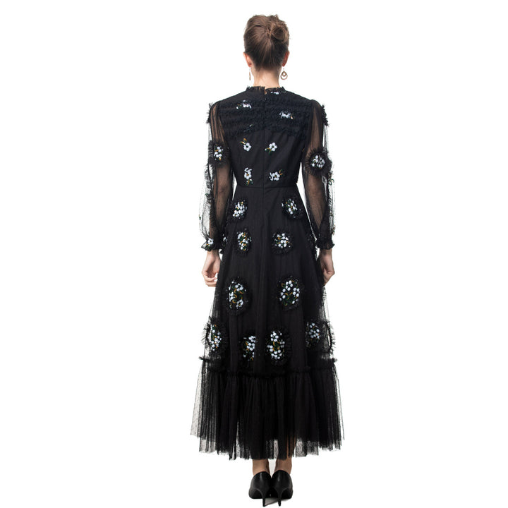 فستان ميدي من التول المزين بالخرز بأكمام منفوخة شفافة – نوير بلوم