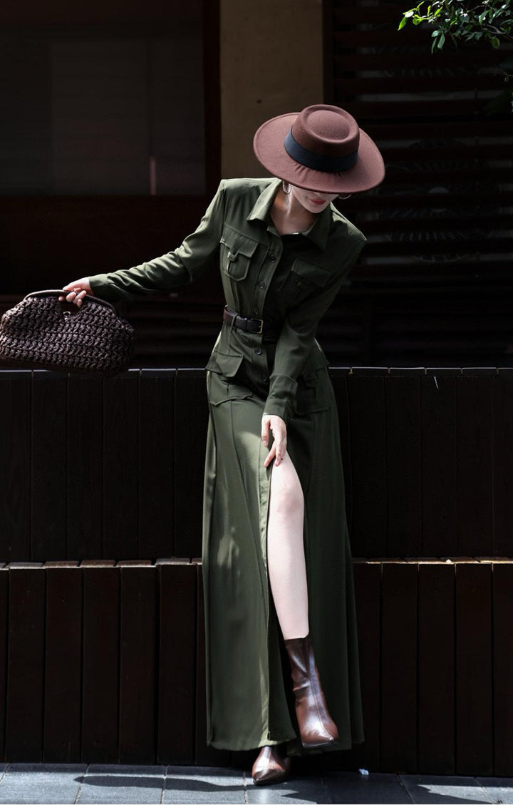 button-down military maxi dress with belted waist – NOIRE