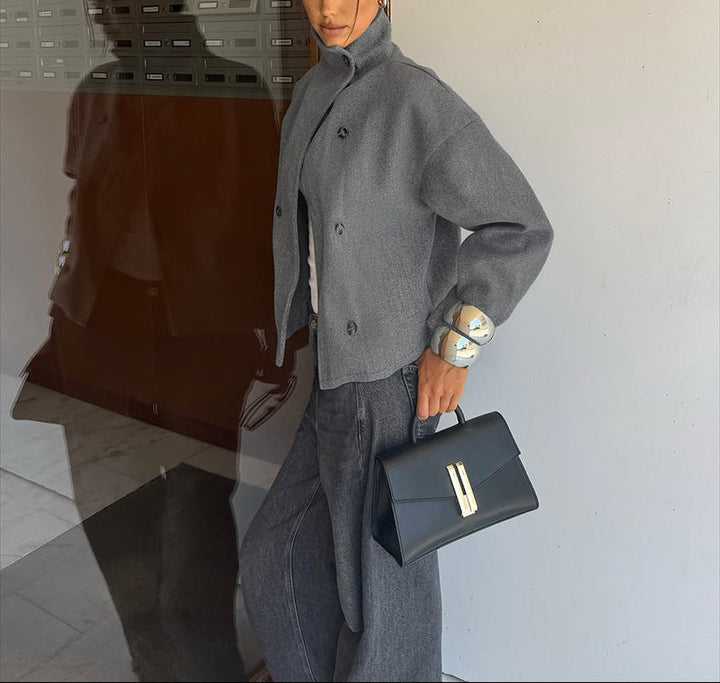 high-collar double-breasted wool jacket with structured sleeves – DALIA