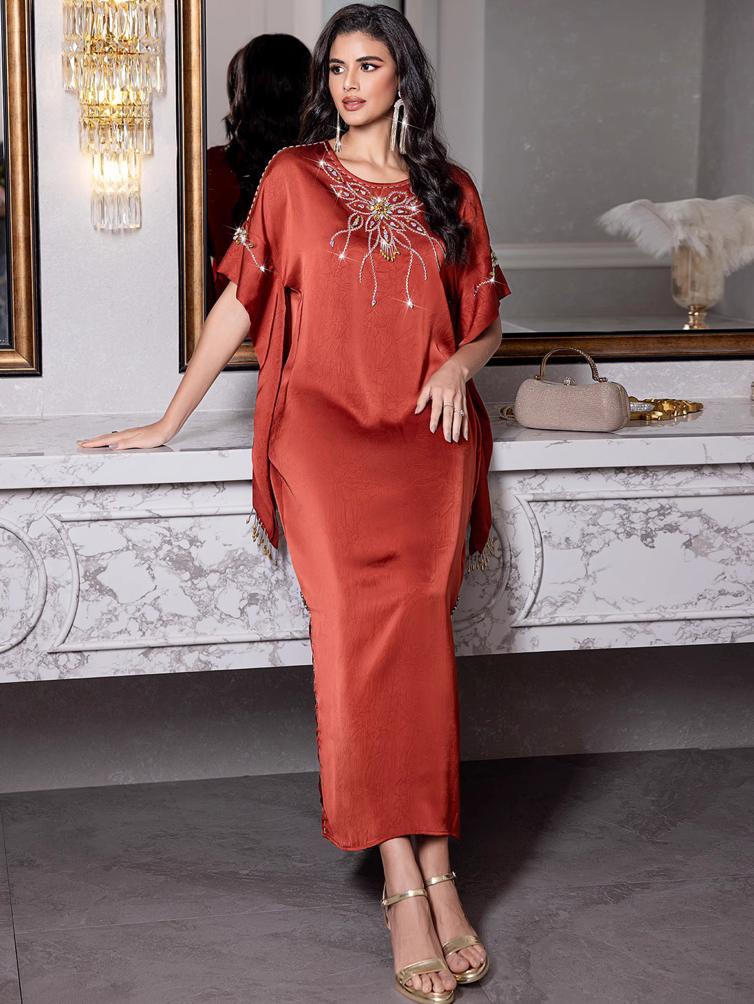 short-sleeve satin dress with embellished neckline - ZARAZLU