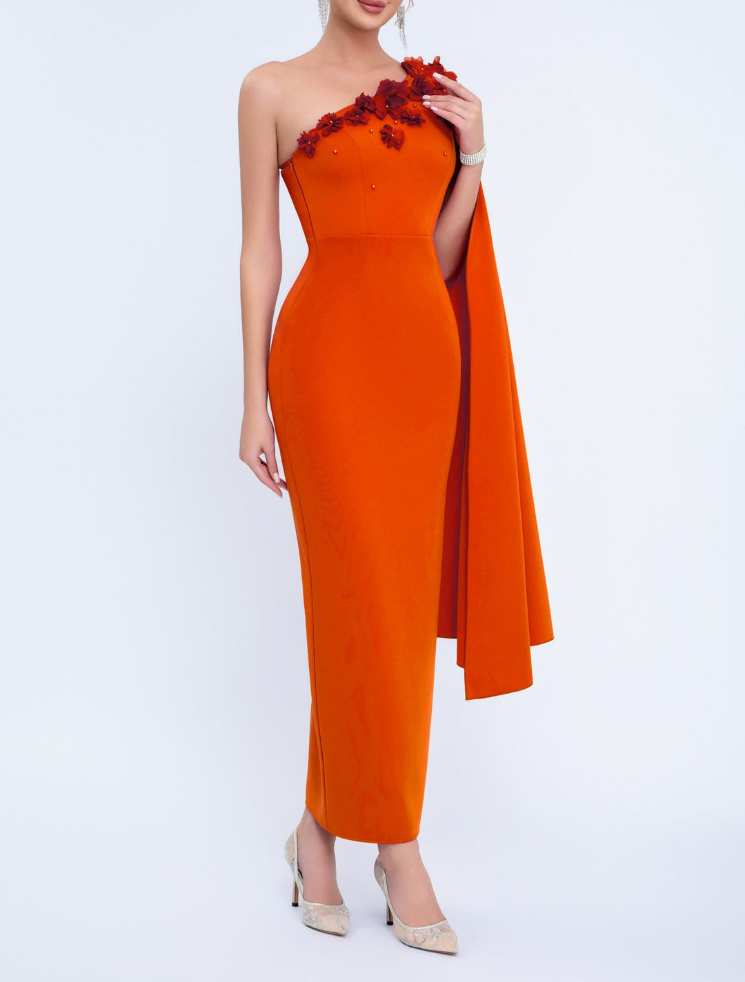 one-shoulder column dress with floral appliqué cape – AURELIATU