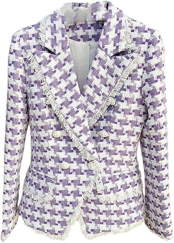 سترة تويد بنقشة مربعات صغيرة مع حافة هامشية - لون أرجواني