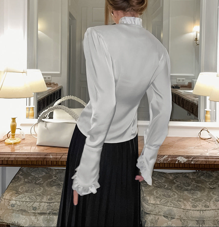 asymmetrical ruffle-front satin blouse – REGALIA