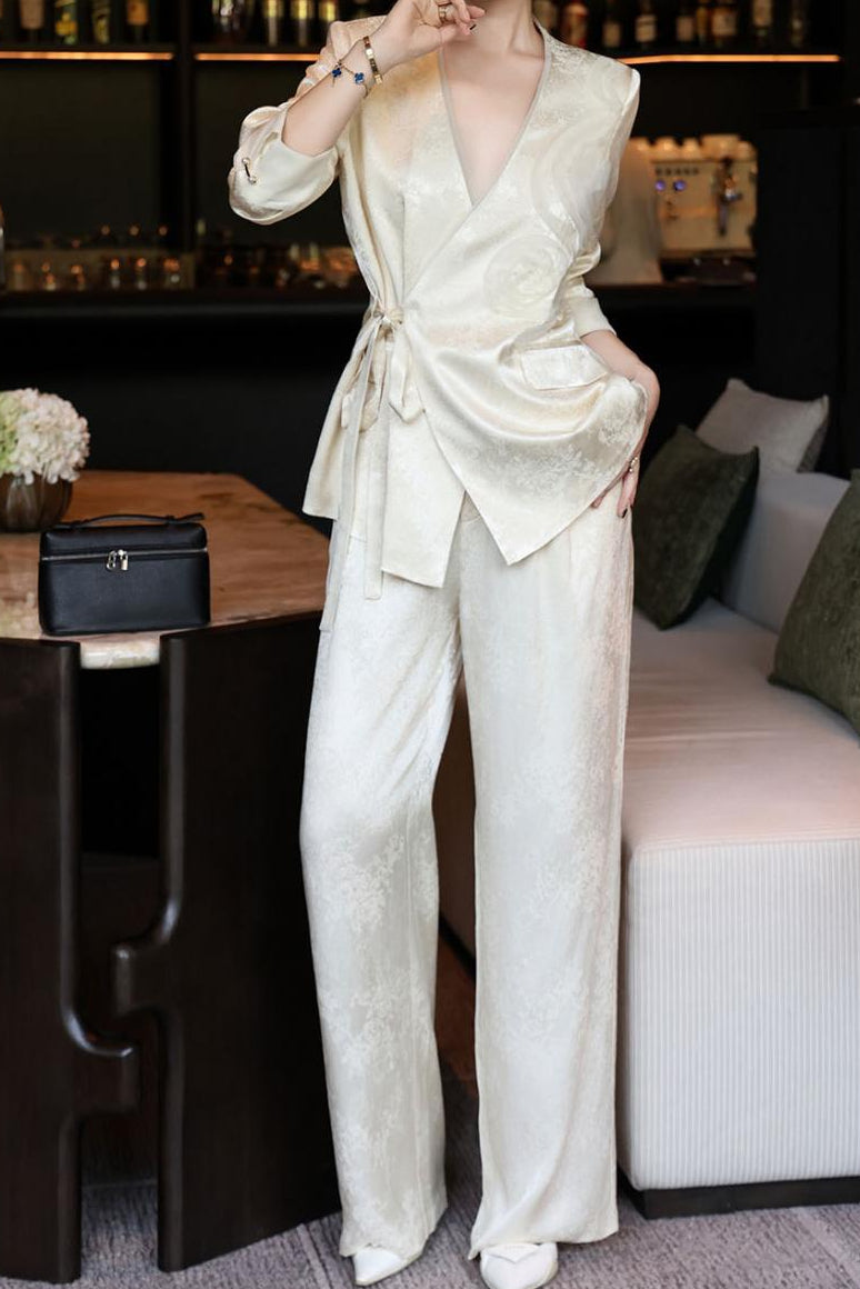 jacquard wrap blazer with wide-leg satin trousers – SERAPHINE