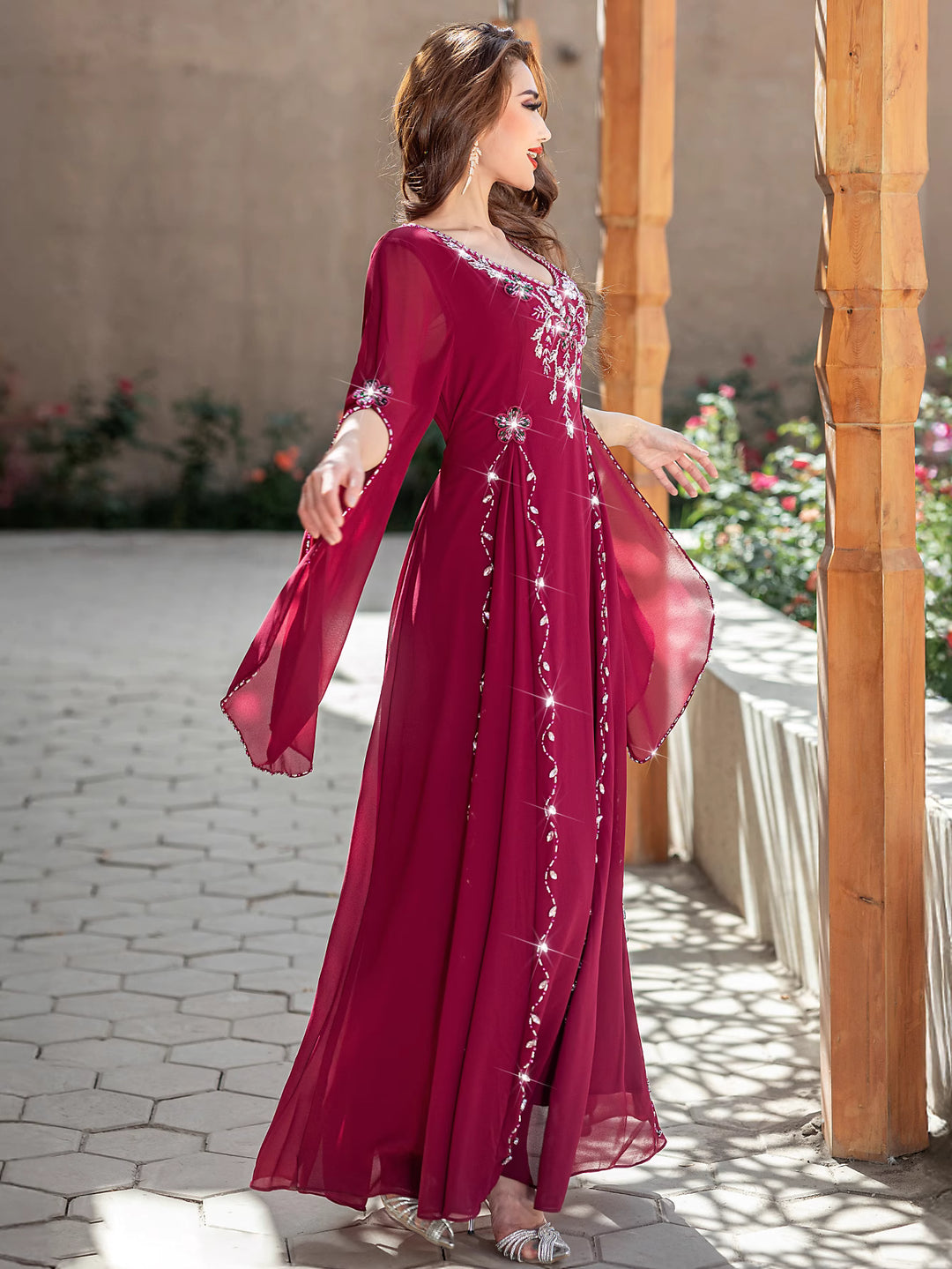 embellished chiffon gown with flared sleeves - SOFIANZA