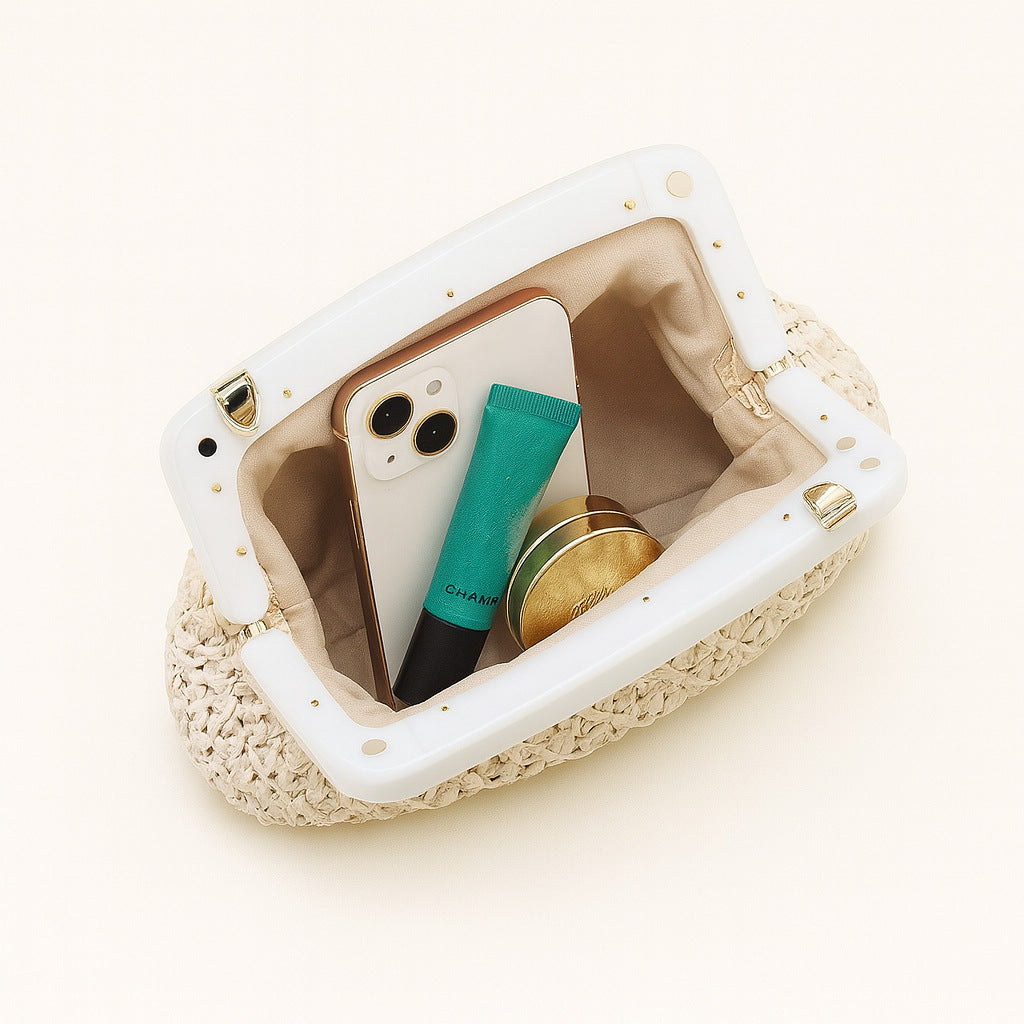 geweven rieten draagtas met dubbele leren handvatten – LÉONIE 